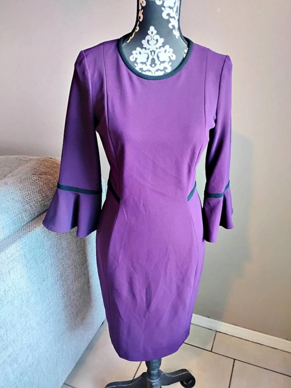 Calvin Klein Bell Sleeve Sheath Dress Purple Midi Size 6